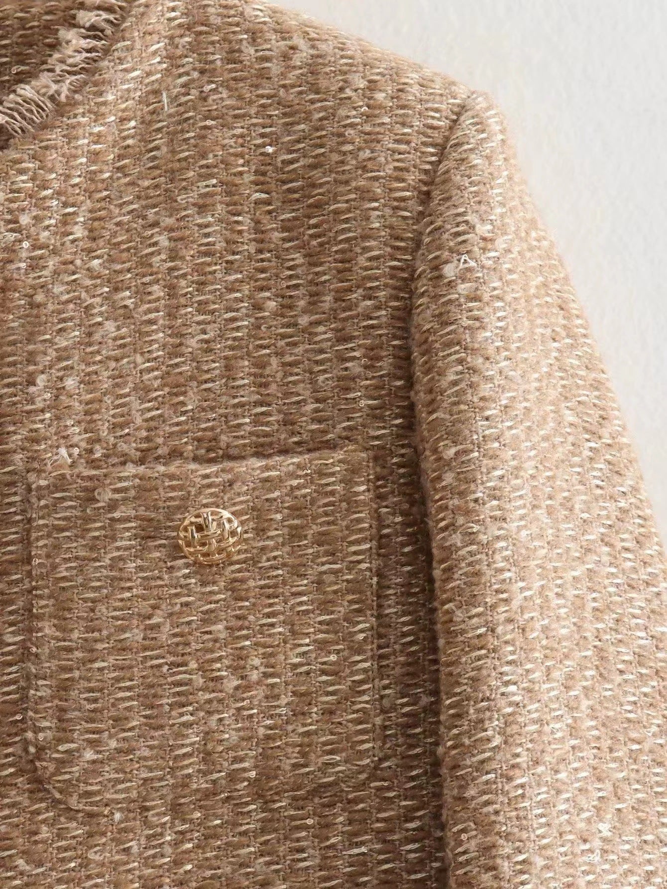 Dames Jas Boucle Stijlvol Goud Geheel Met Zakken