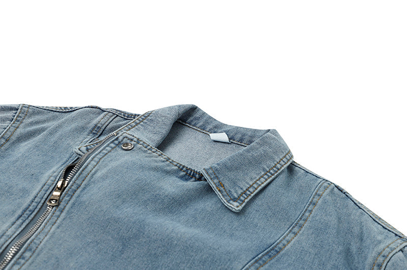 Dames Biker Jacket Kort Denim Model Met Grote Kraag → Korte Dames Biker Jas Denim Met Grote Kraag