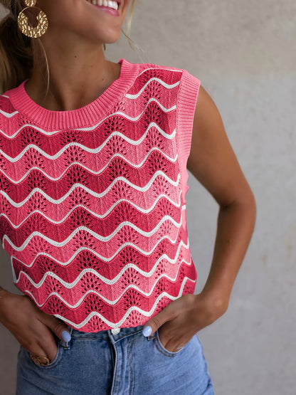 Dames Mouwloos Kabelgebreid Vest Met Contrasterende Halslijn