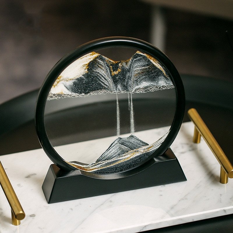 3D Zandkunst Schilderij met Stromend Zandeffect – Decoratief Glazen Kunstobject – Bewegende Zandpatronen in Glas – Rustgevende Bureaudecoratie