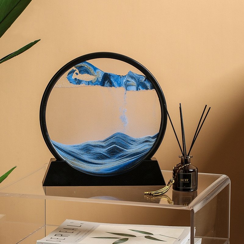 3D Zandkunst Schilderij met Stromend Zandeffect – Decoratief Glazen Kunstobject – Bewegende Zandpatronen in Glas – Rustgevende Bureaudecoratie