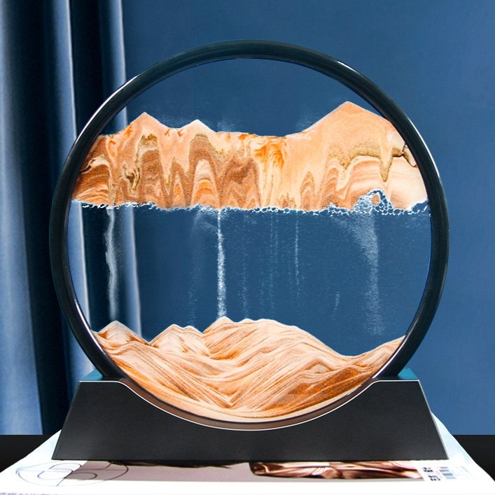 3D Zandkunst Schilderij met Stromend Zandeffect – Decoratief Glazen Kunstobject – Bewegende Zandpatronen in Glas – Rustgevende Bureaudecoratie