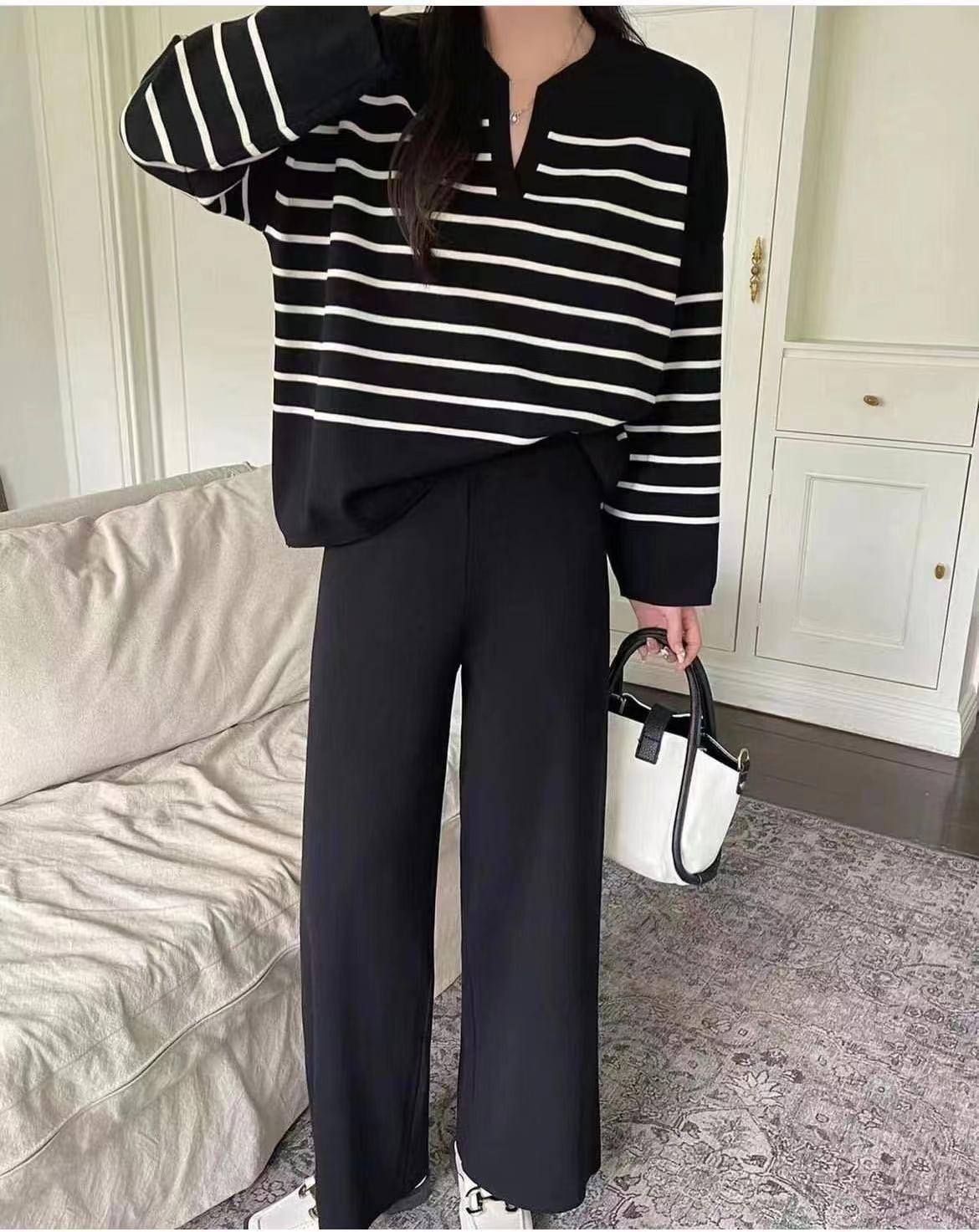 Dames Gebreide Set Streepjes Broek en Top Tweedelig