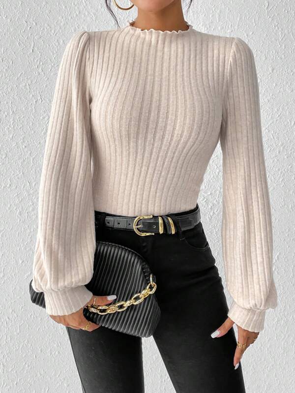 Dames Top met Pofmouwen en Geribde Fit