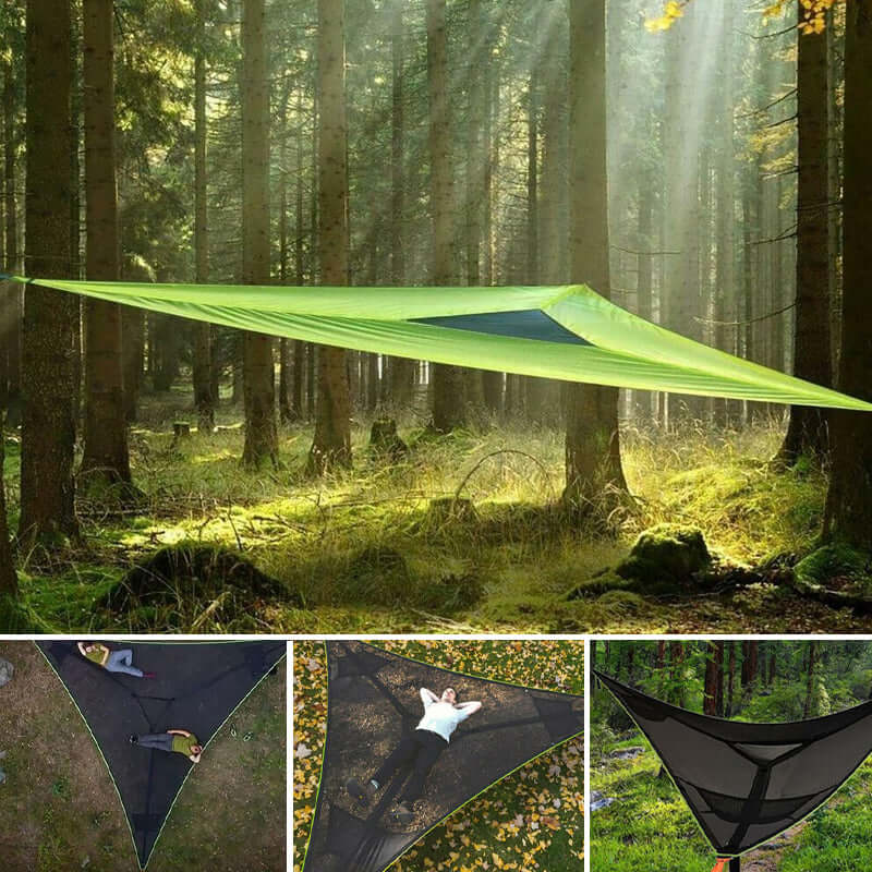 Driehoekige Hangende Camping Relaxmat voor Meerdere Personen – Luchtbed voor 3 Punten met Bevestigingsset 280x280 of 400x400 cm Groen Zwart
