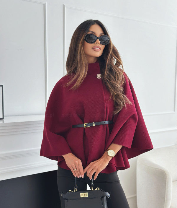 Leren Batwing Jas met Riem en Brede Mouwen