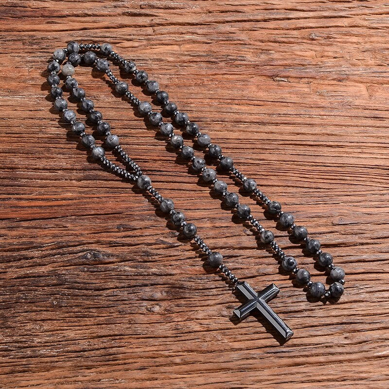 Natuursteen Rozenkrans Ketting met Kruis Hanger voor Mannen Zwart Blauw Groen Grijs