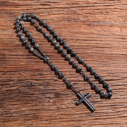 Natuursteen Rozenkrans Ketting met Kruis Hanger voor Mannen Zwart Blauw Groen Grijs