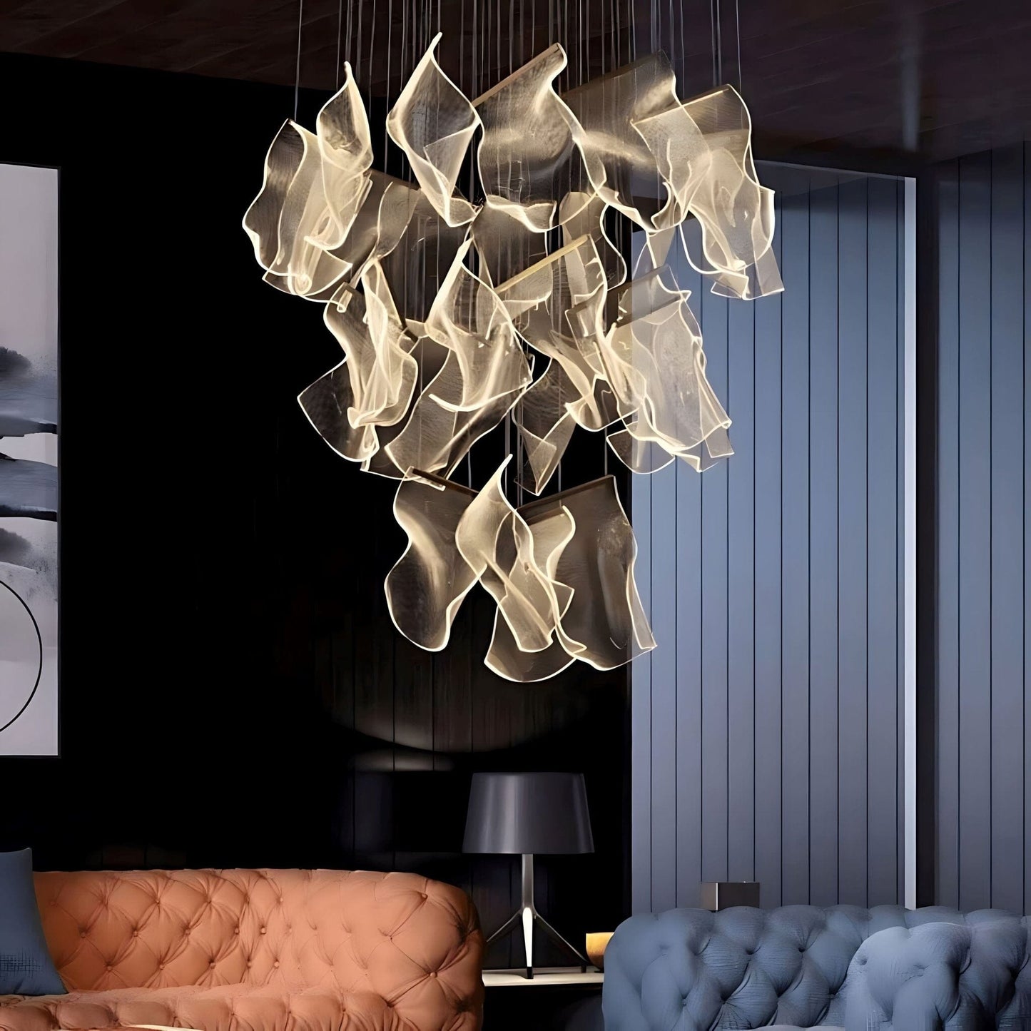 Moderne Design Kroonluchter Met Gelaagde Acryl Bladen En Verstelbare Hoogte