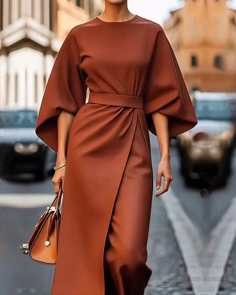 Midi Jurk voor Vrouw met Ceintuur Kort Model Elegant
