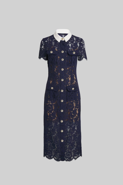 Midi Jurk Dames Marineblauw Bloemenkant met Kraag en Ceintuur