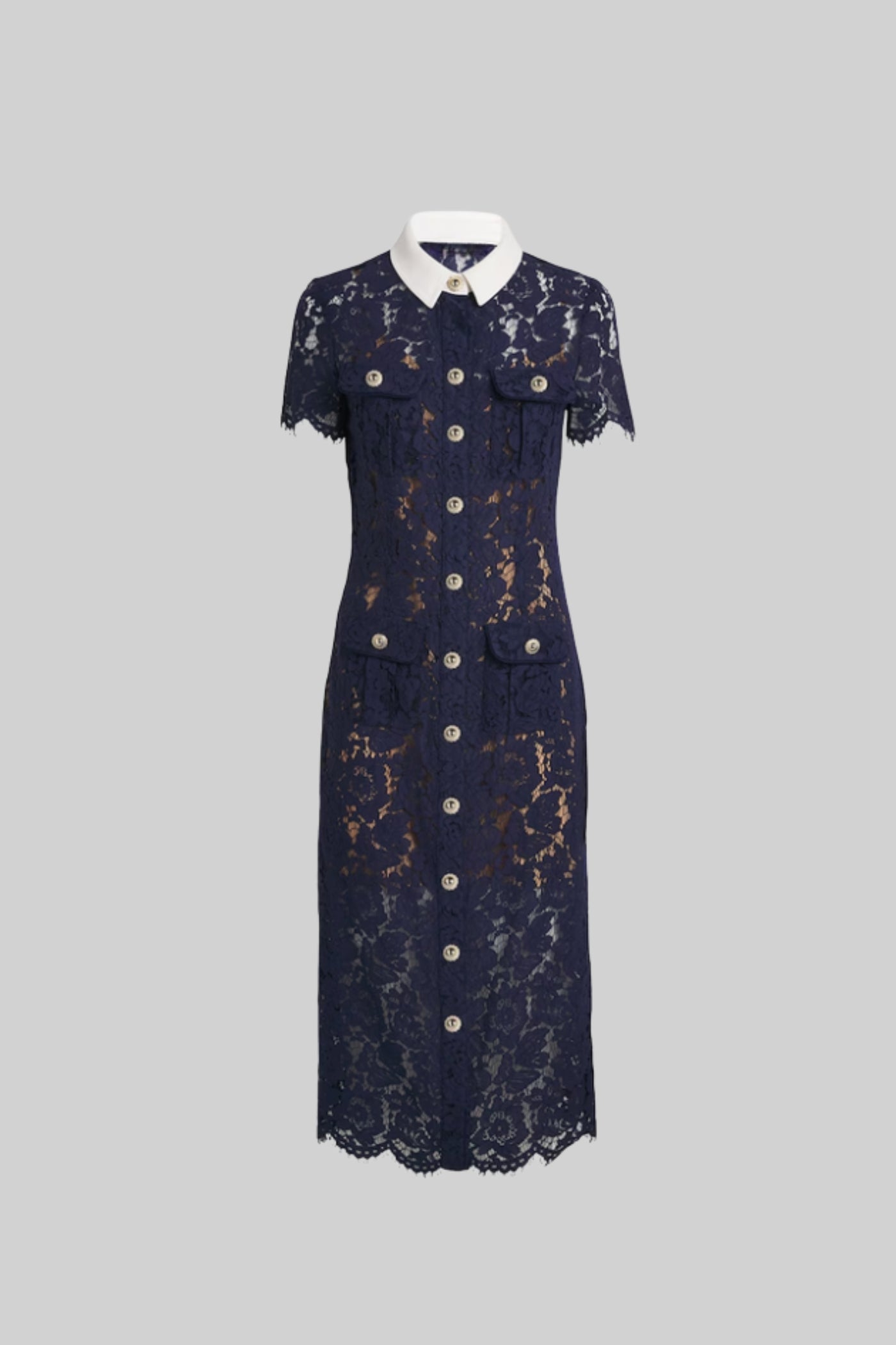 Bloemenkant Jurk Dames Marineblauw Met Kraag en Ceintuur