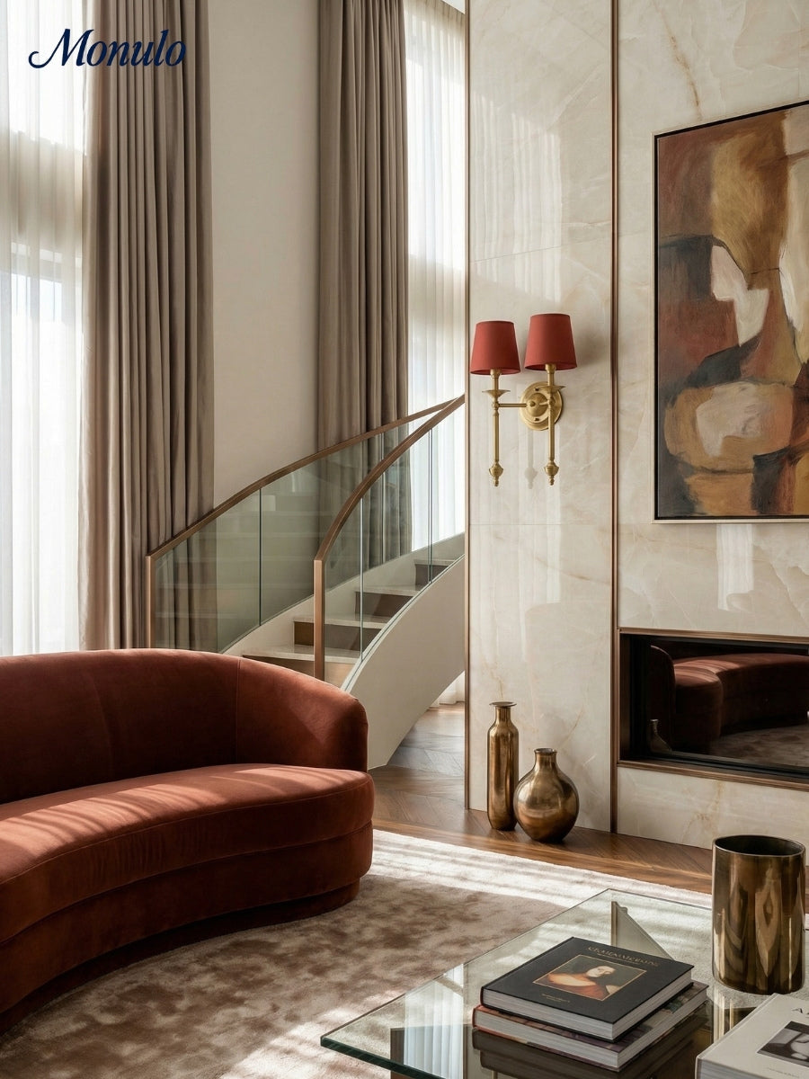 Stoffen Wandlamp met Vintage Koperen Afwerking – Sfeervolle Verlichting voor Hal, Slaapkamer en Woonkamer