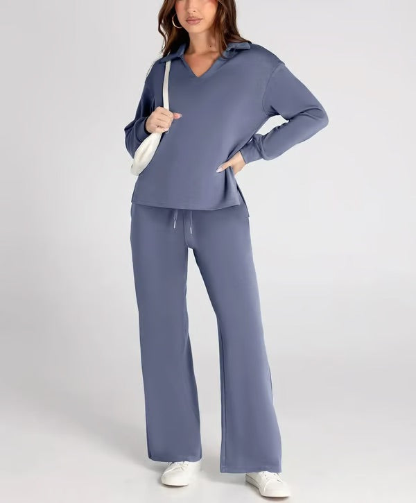 Dames 2-Delige Set met V-Hals Sweatshirt en Wijde Joggingbroek