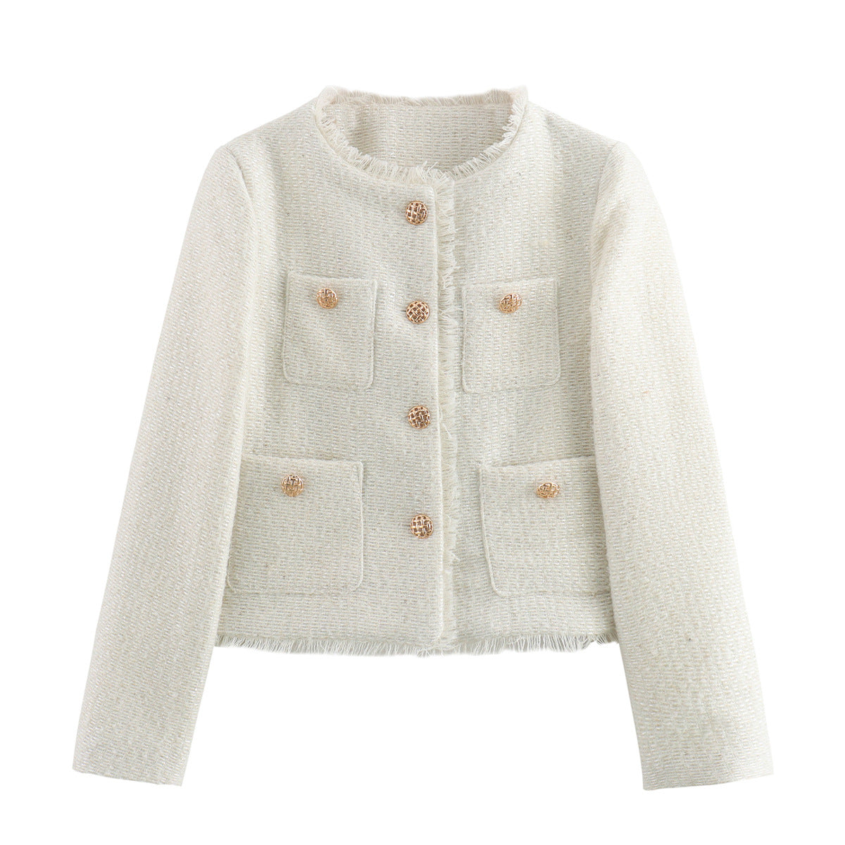 Dames Jas Boucle Stijlvol Goud Geheel Met Zakken