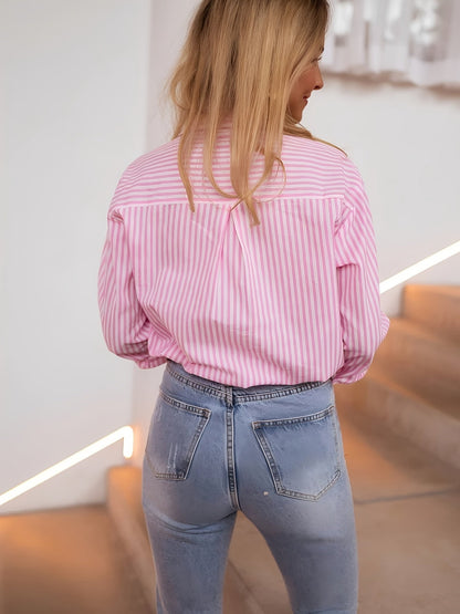 Dames Blouse Gestreept Met Cardigankraag En Knoopsluiting