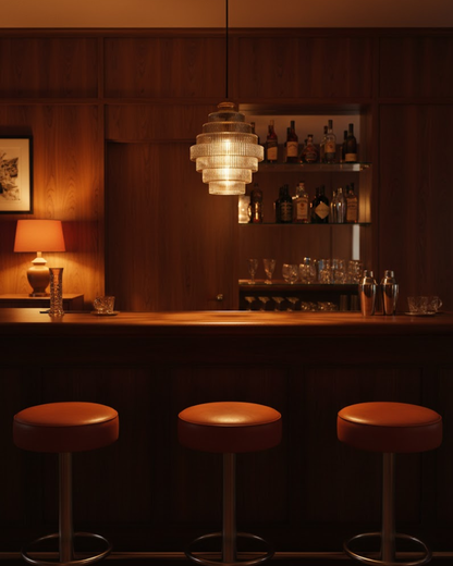 Moderne trapsgewijze glazen hanglamp met gouden detail voor eetkamer en woonkamer – luxe design verlichting