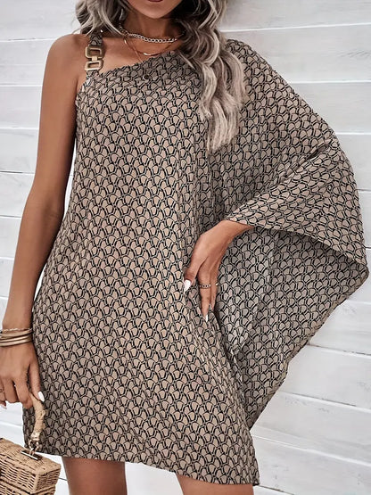 Vrouwelijke Jurk met Asymmetrische Halslijn en Leuke Print