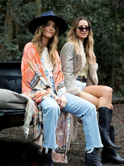 Lange Kimono Dames Bloemenprint Zomerjurk