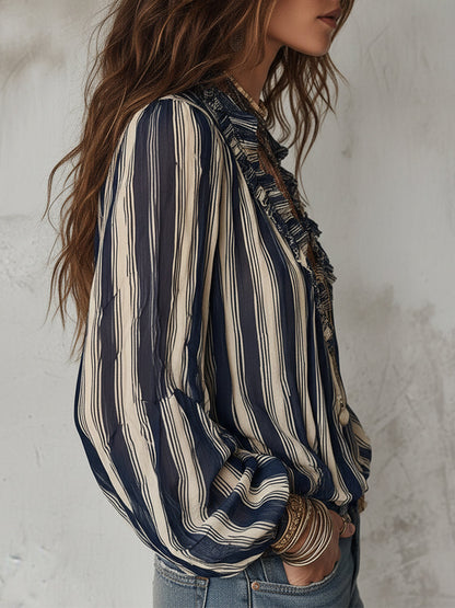Dames Blouse Chiffon met Strepen en Ruches Elegant