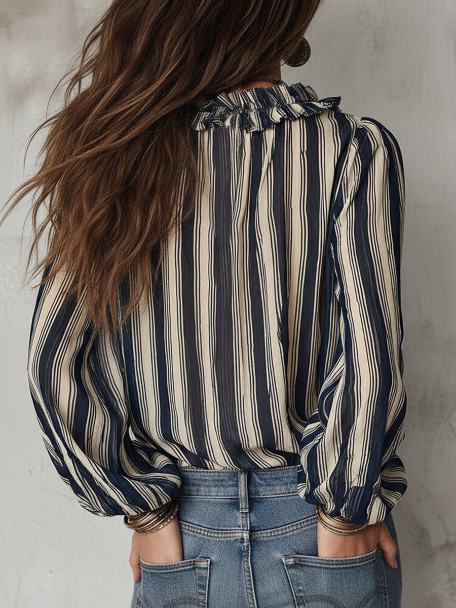 Dames Blouse Chiffon met Strepen en Ruches Elegant