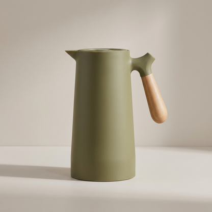 Vacuüm Isoleerkan met Houten Handvat 1 Liter | Thermosfles voor Koffie Thee Water | Dubbelwandige Thermoskan met Drukknop