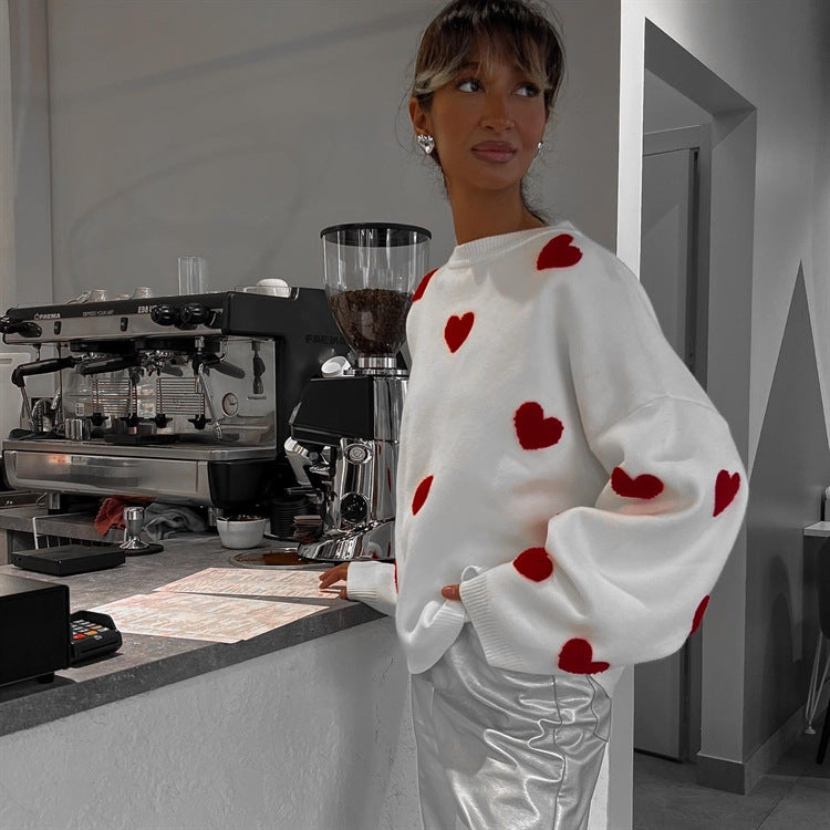 Dames Trui Gebreid met Harten Stijlvol Rood