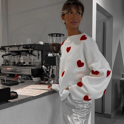 Dames Trui Gebreid met Harten Stijlvol Rood