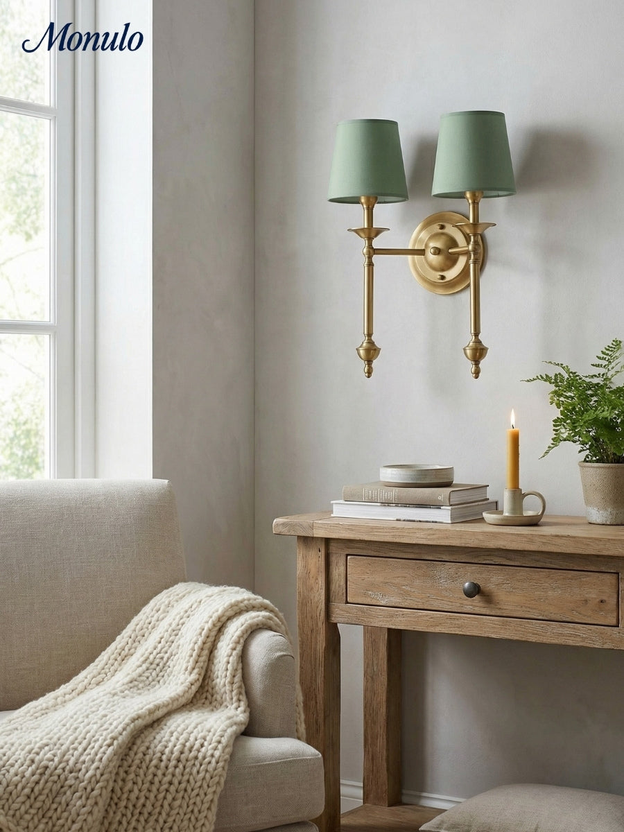 Stoffen Wandlamp met Vintage Koperen Afwerking – Sfeervolle Verlichting voor Hal, Slaapkamer en Woonkamer