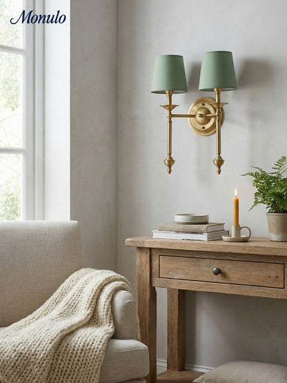 Stoffen Wandlamp met Vintage Koperen Afwerking – Sfeervolle Verlichting voor Hal, Slaapkamer en Woonkamer