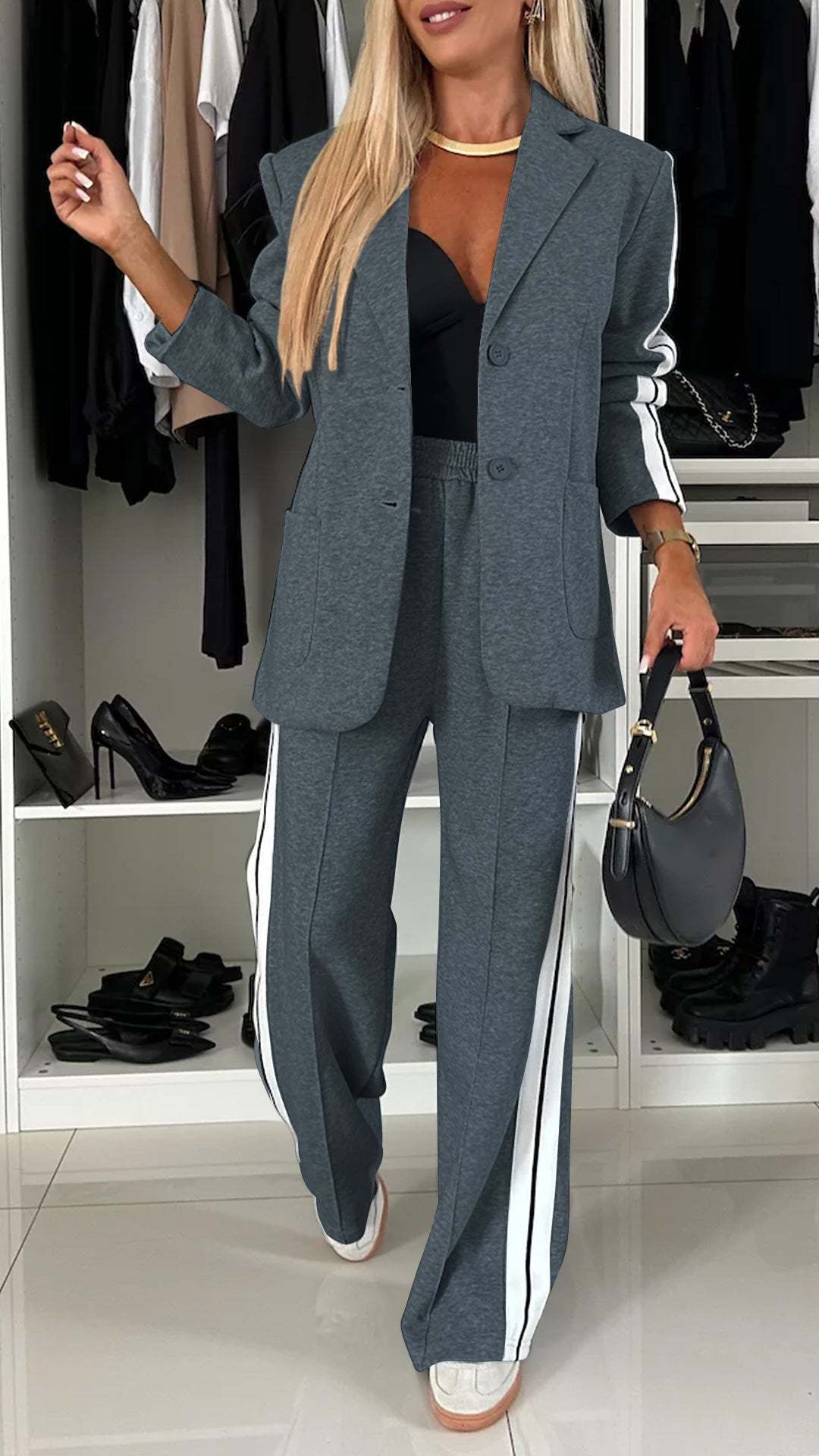 Dames Blazer Set Tweedelig Streepjes Broek Modern Trendy