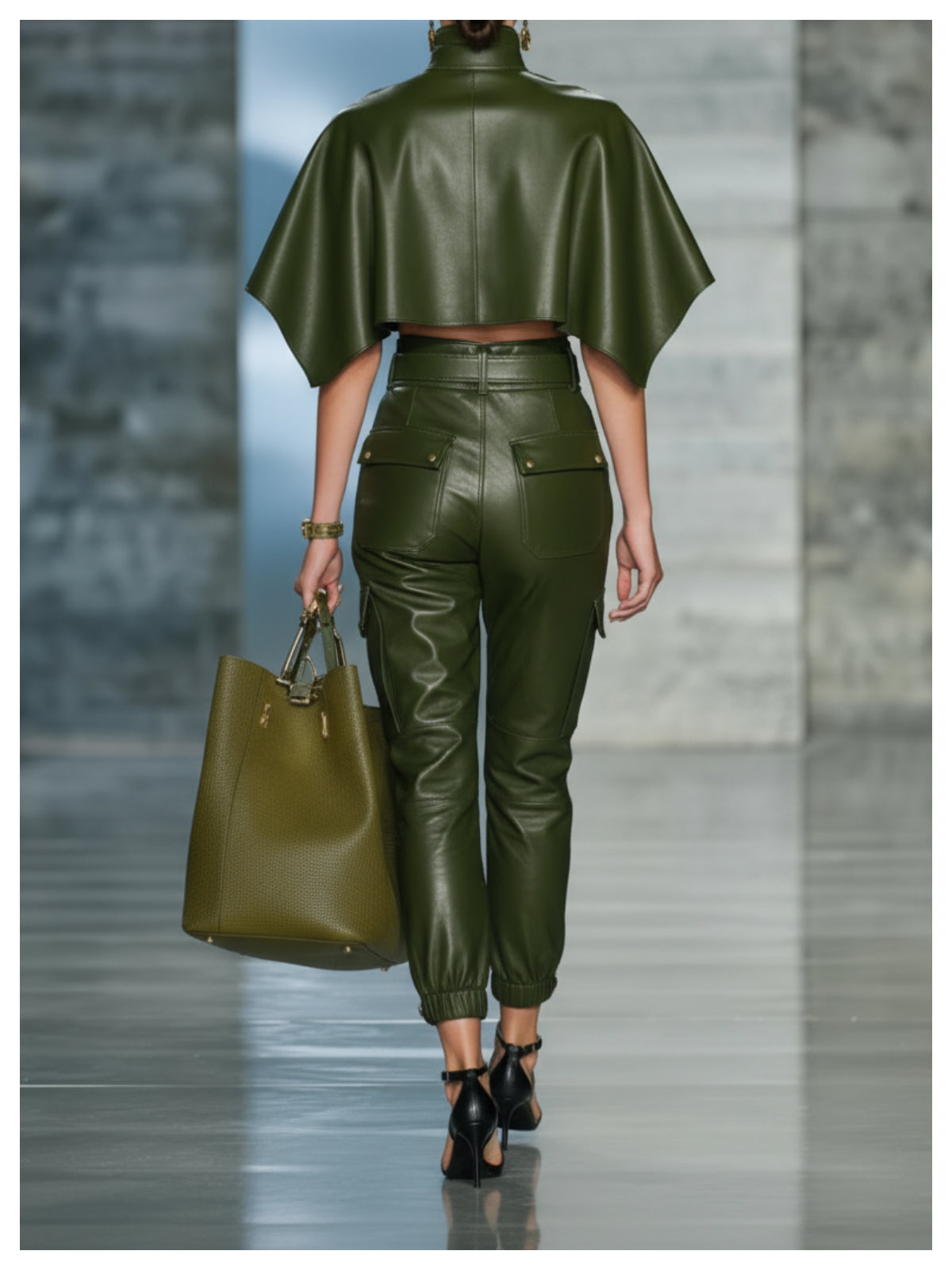 Dames Faux Leather Set Olijfgroen Crop Top en Hoge Broek