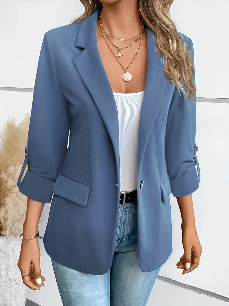 Dames Blazer Lange Mouw Donkerblauw Warme Winterjas