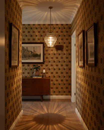 Moderne trapsgewijze glazen hanglamp met gouden detail voor eetkamer en woonkamer – luxe design verlichting