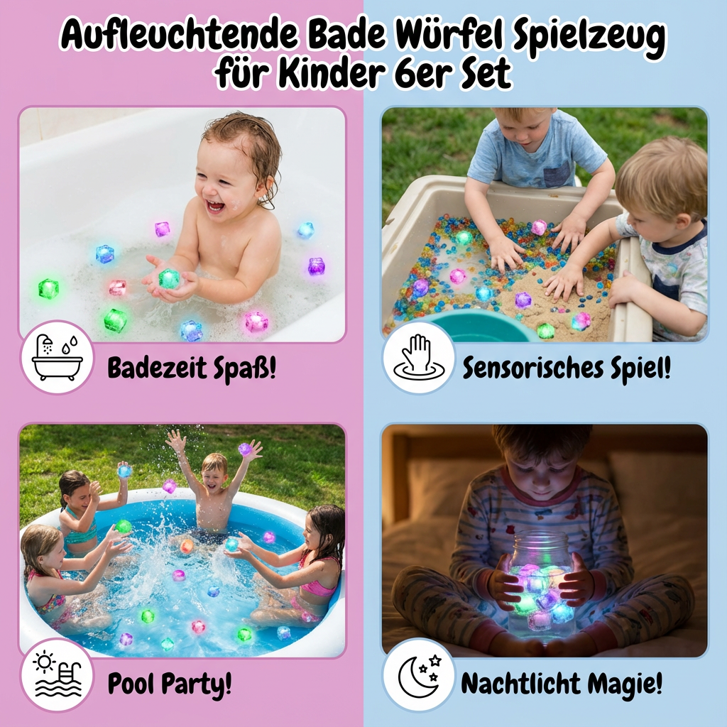 Lichtgevende Badkubus voor Kinderen 6-Delig Set – Watergeactiveerd Speelgoed