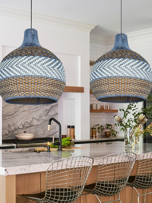Handgeweven Rotan Hanglamp Blauw Vintage Kap Eetkamer Keuken Woonkamer Scandinavisch Lichtarmatuur