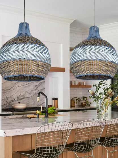 Handgeweven Rotan Hanglamp Blauw Vintage Kap Eetkamer Keuken Woonkamer Scandinavisch Lichtarmatuur