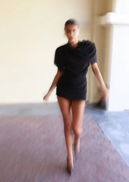 Korte Zwarte Minirok Hoge Taille Drapé Stijl