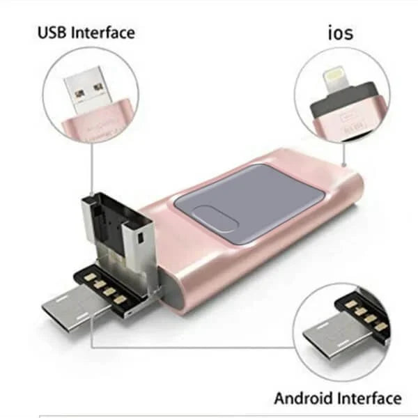 4-in-1 USB-Stick met Meervoudige Aansluitingen Zwart Zilver Goud Roze voor Smartphone Tablet Laptop iPhone Android | Snelle Datatransfer Opslagstick Universele Compatibiliteit iOS Windows Mac Backup