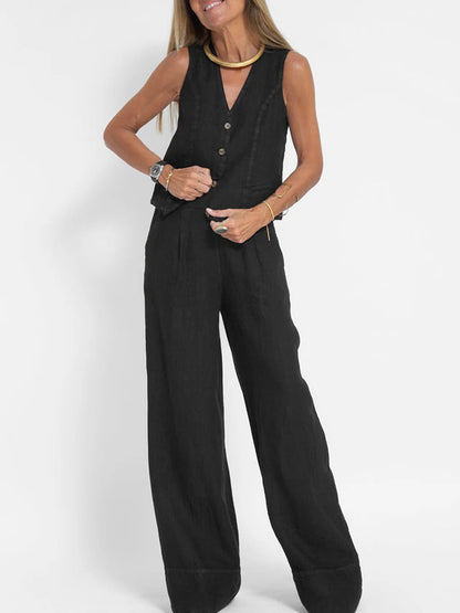 Linnen Set Dame Mouwloos V-Hals Gilet en Wijde Broek