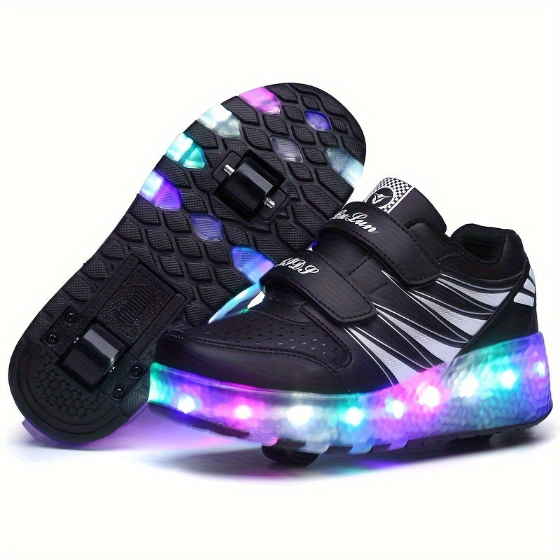 Roller sneakers kinderen LED kunstleer roze met wieltjes afneembaar schoenen skates lichtgevende kinderschoenen
