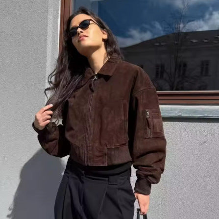 Dames Suède Jas Kort met Kraag Trendy Model