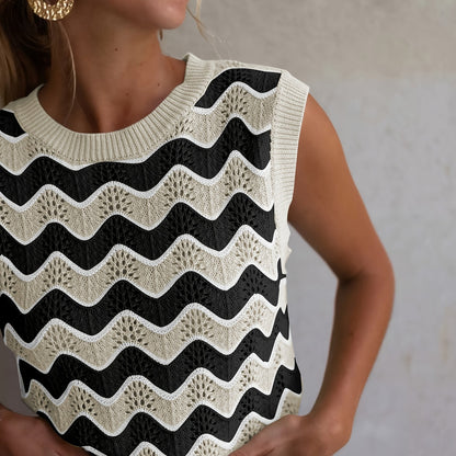 Dames Mouwloos Kabelgebreid Vest Met Contrasterende Halslijn