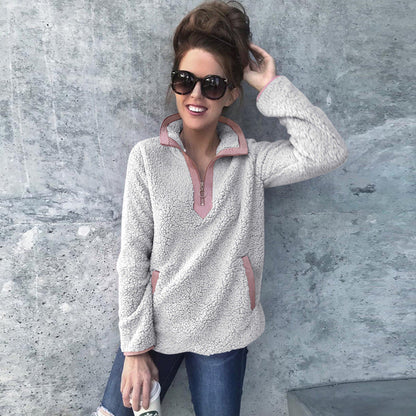 Dames Fleece Trui Zwart met Rits en Hoge Kraag Teddy Look