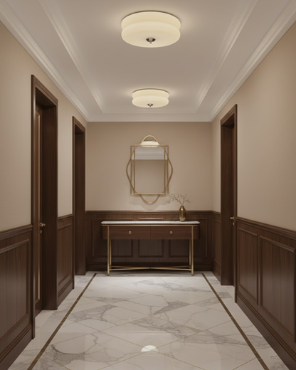 Art Deco Plafondlamp In Beige Met Chroom Accent En Warme Sfeerverlichting