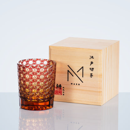 Handgeslepen Whiskeyglazen met Ster en Chrysant Patroon – Blauw Amber & Rood Amber – Inclusief Houten Doos