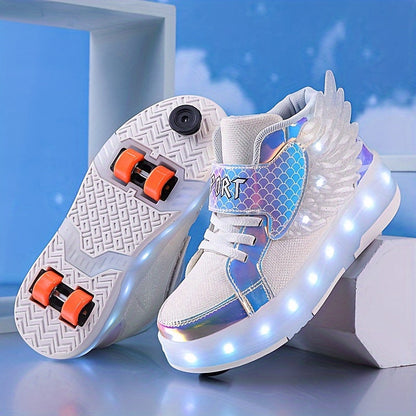 Rolschaats Sneakers USB Oplaadbaar Roze met Vleugels Kinderen Tieners Lichtgevende Skeelerschoenen LED Sneakers met Wielen voor Buiten