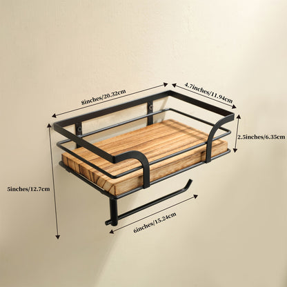Wandplank Badkamer Smeedijzer Hout met Toiletrolhouder 20cm Zwart Toilet Opberger Wc Rek Muurplank