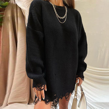 Dames Trui Oversized Ronde Hals Destroyed Effect Modieus