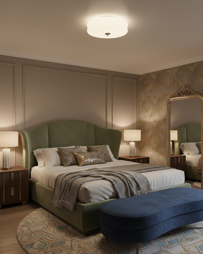 Art Deco Plafondlamp In Beige Met Chroom Accent En Warme Sfeerverlichting